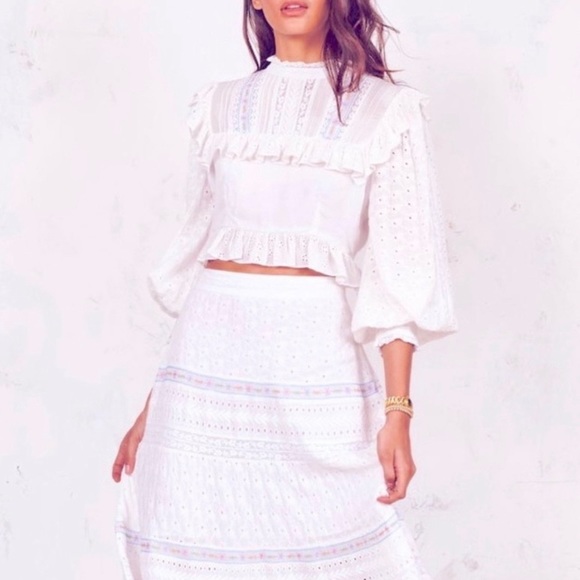 LoveShackFancy Set: Eyelet Top and matching Skirt w/ Floral Embroidery Trim - Picture 3 of 8